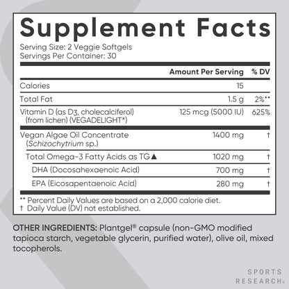 Sports Research Vegan Omega-3 with Vitamin D3 Softgels - 1020mg Omega-3 & 5000iu D3 Supplement - Fish Oil Alternative with Vitamin D Plant-Based Support from Algae Oil - 60 Veggie Softgels for Adults Sports Research buy supplements Au
