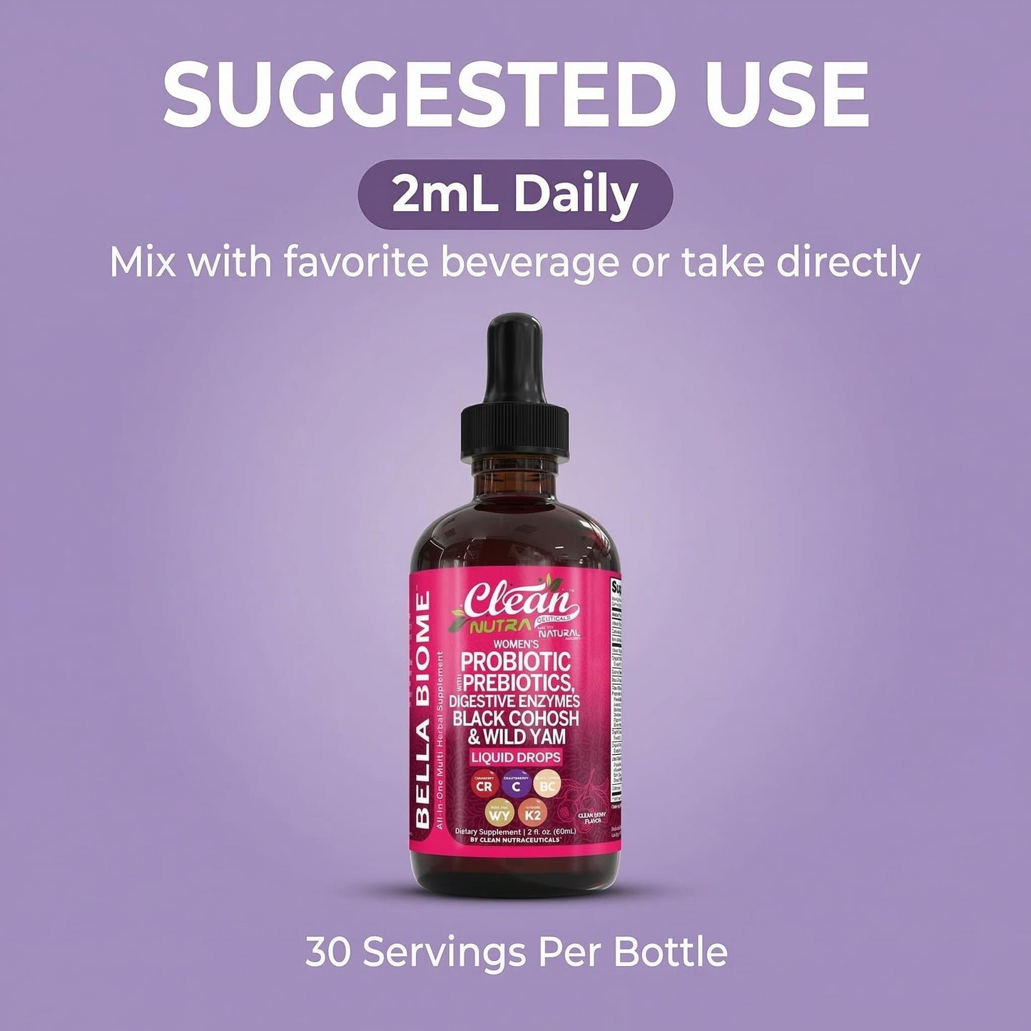 Liquid Probiotics for Women Drops with Chasteberry, Black Cohosh, Prebiotics, Digestive Enzymes, Evening Primrose Oil, Wild Yam, Cranberry Dmannose and Iron Vitamin D3 K2 Clean Nutra Bella Biotics Clean Nutraceuticals buy supplements Au