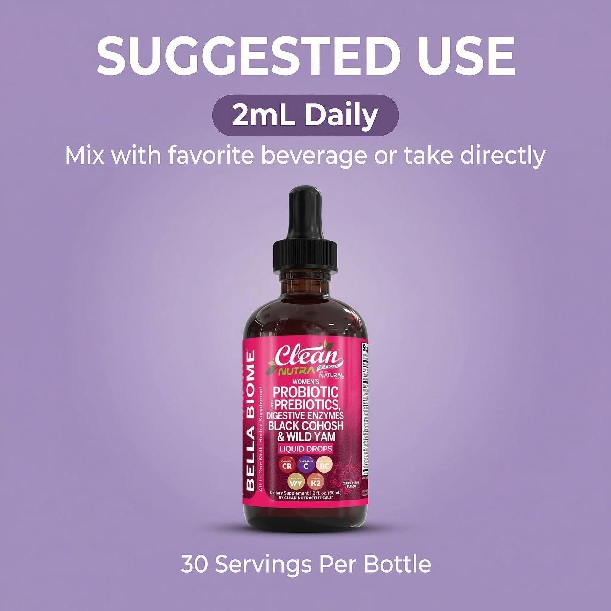 Liquid Probiotics for Women Drops with Chasteberry, Black Cohosh, Prebiotics, Digestive Enzymes, Evening Primrose Oil, Wild Yam, Cranberry Dmannose and Iron Vitamin D3 K2 Clean Nutra Bella Biotics Clean Nutraceuticals buy supplements Au