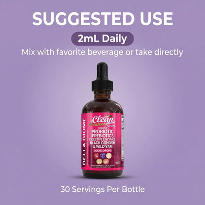 Liquid Probiotics for Women Drops with Chasteberry, Black Cohosh, Prebiotics, Digestive Enzymes, Evening Primrose Oil, Wild Yam, Cranberry Dmannose and Iron Vitamin D3 K2 Clean Nutra Bella Biotics Clean Nutraceuticals buy supplements Au