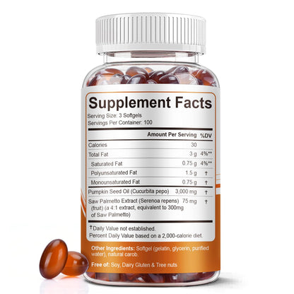 Pumpkin Seed Oil with Saw Palmetto Capsules, 3000mg/serving, 300/600 Softgels | Cold Pressed, Pure Virgin Oil, Essential Fatty Acids & Phytosterols | Supports Hair, Urinary