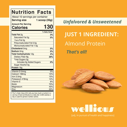 wellious Almond Protein Powder (Unflavored, Unsweetened) - 18 Grams of Pure Healthiest Vegan Protein for Women & Men | Soy-Free & Gut Friendly Protein