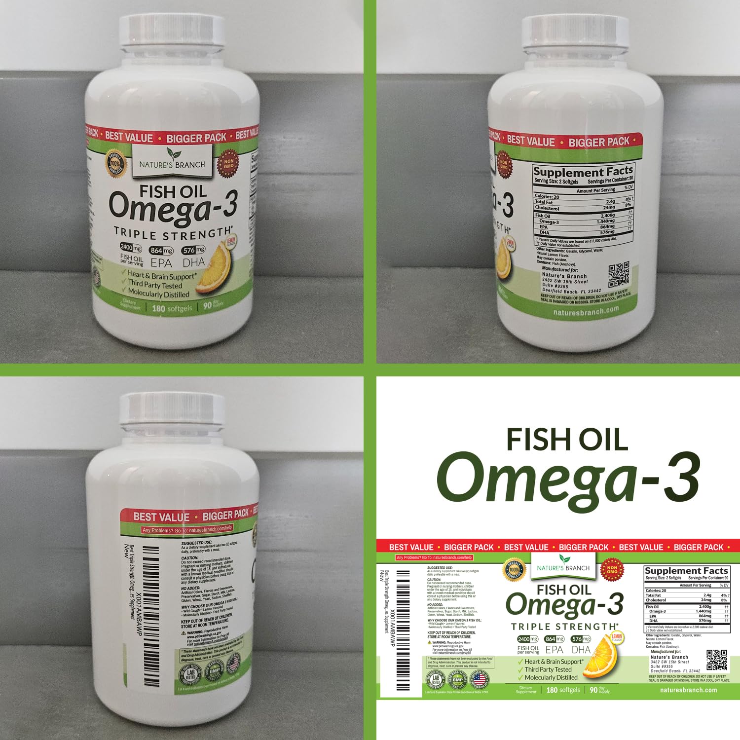 Triple Strength Omega 3 Fish Oil Supplements 2400mg | 180 Capsules, Burpless High Potency Lemon Flavor, High EPA DHA for Men & Women Ultra Pure Softgels | Joint Support, Eyes, Heart Brain Health Pills NATURE'S BRANCHBuy Supplements Australia