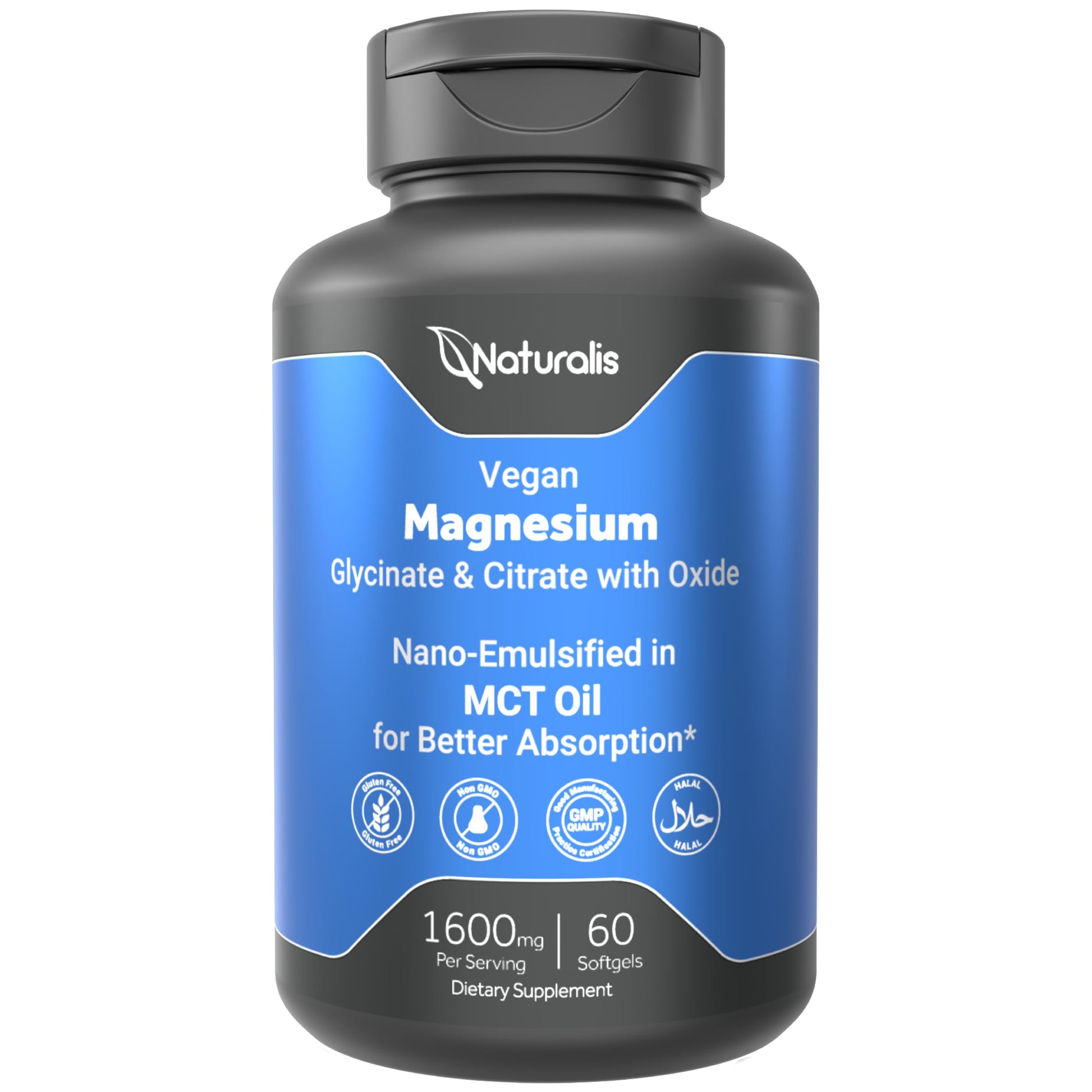 Supplement bottle labeled 'Vegan Magnesium' by Naturalis on a white background