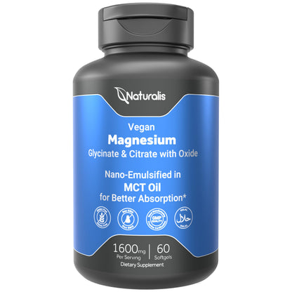 Supplement bottle labeled 'Vegan Magnesium' by Naturalis on a white background
