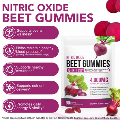 ECHTEYUN Super Beetroot Gummies, 8 in 1 Beet Root 4,000mg with Grape Seed Extract & CoQ10, Sugar Free - 90 Count (1)