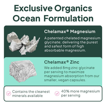 Organics Ocean Pure Magnesium Glycinate with Zinc - Maximum Strength Chelated Magnesium Supplement for Women and Men