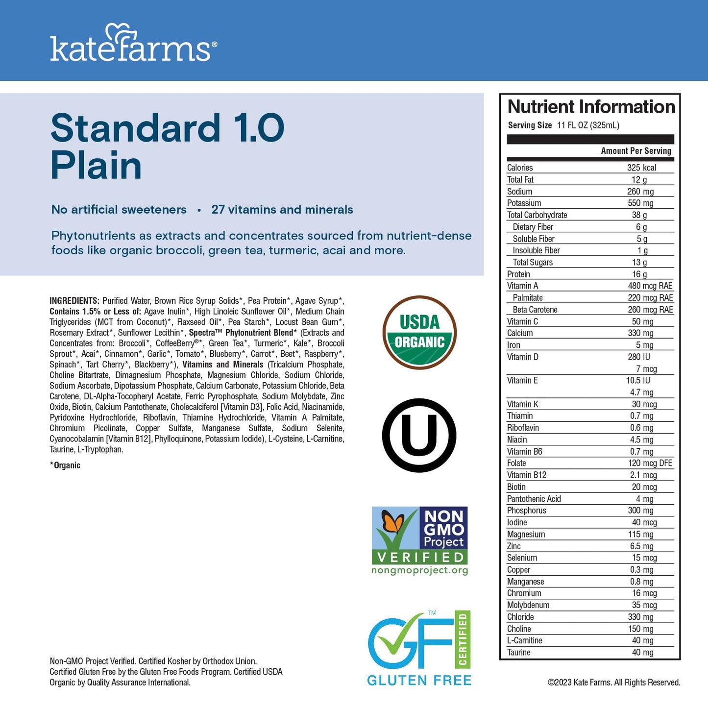 KATE FARMS Organic 1.0 Sole-Source Nutrition Shake, Plain, 16g Protein, 27 Vitamins and Minerals, Meal Replacement, Protein Shake, 11 oz (12 Pack) Kate Farms buy supplements Au