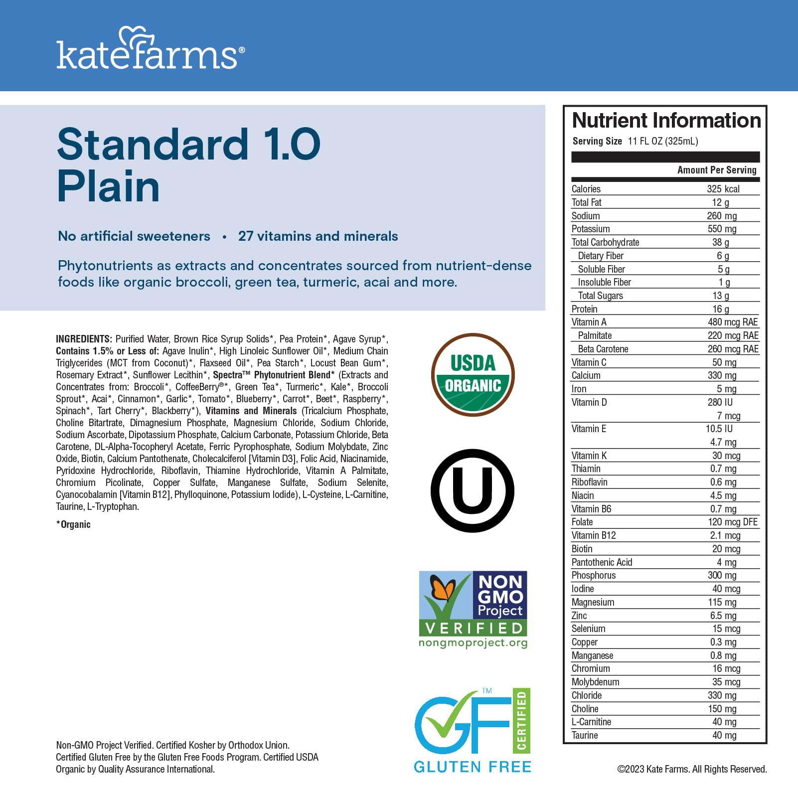 KATE FARMS Organic 1.0 Sole-Source Nutrition Shake, Plain, 16g Protein, 27 Vitamins and Minerals, Meal Replacement, Protein Shake, 11 oz (12 Pack) Kate Farms buy supplements Au