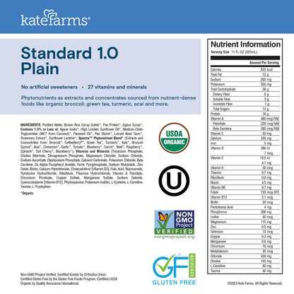 KATE FARMS Organic 1.0 Sole-Source Nutrition Shake, Plain, 16g Protein, 27 Vitamins and Minerals, Meal Replacement, Protein Shake, 11 oz (12 Pack) Kate Farms buy supplements Au