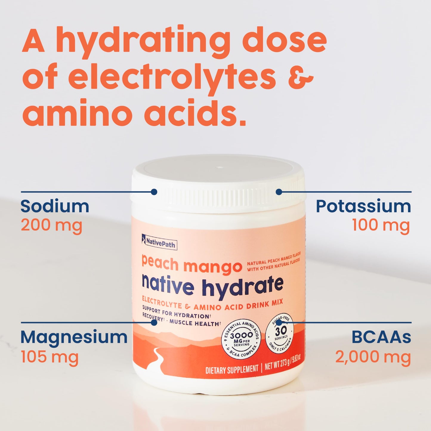 NativePath Hydrate, Zero Sugar, Electrolytes Powder with BCAAs, Peach Mango Hydration, Keto & Paleo Friendly, 30 Servings