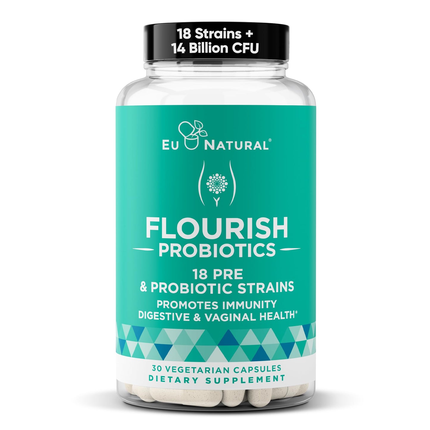 Flourish Probiotics + Prebiotics for Women - Gut and Digestion, Urinary Tract, Reduce Bloating, Vaginal Health - 18 Clinically Proven Strains, 14 Billion CFU - 30 Shelf-Stable Mini Vegan Capsules Eu Natural buy supplements Au