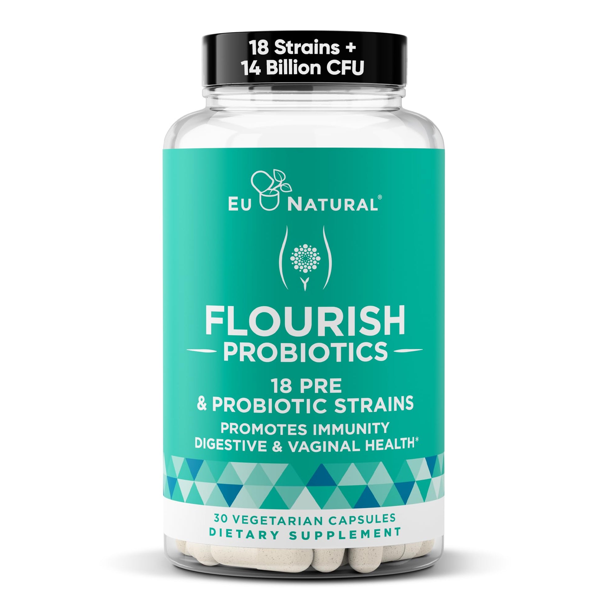 Flourish Probiotics + Prebiotics for Women - Gut and Digestion, Urinary Tract, Reduce Bloating, Vaginal Health - 18 Clinically Proven Strains, 14 Billion CFU - 30 Shelf-Stable Mini Vegan Capsules Eu Natural buy supplements Au