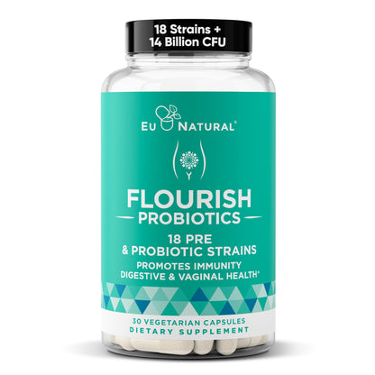 Flourish Probiotics + Prebiotics for Women - Gut and Digestion, Urinary Tract, Reduce Bloating, Vaginal Health - 18 Clinically Proven Strains, 14 Billion CFU - 30 Shelf-Stable Mini Vegan Capsules Eu Natural buy supplements Au