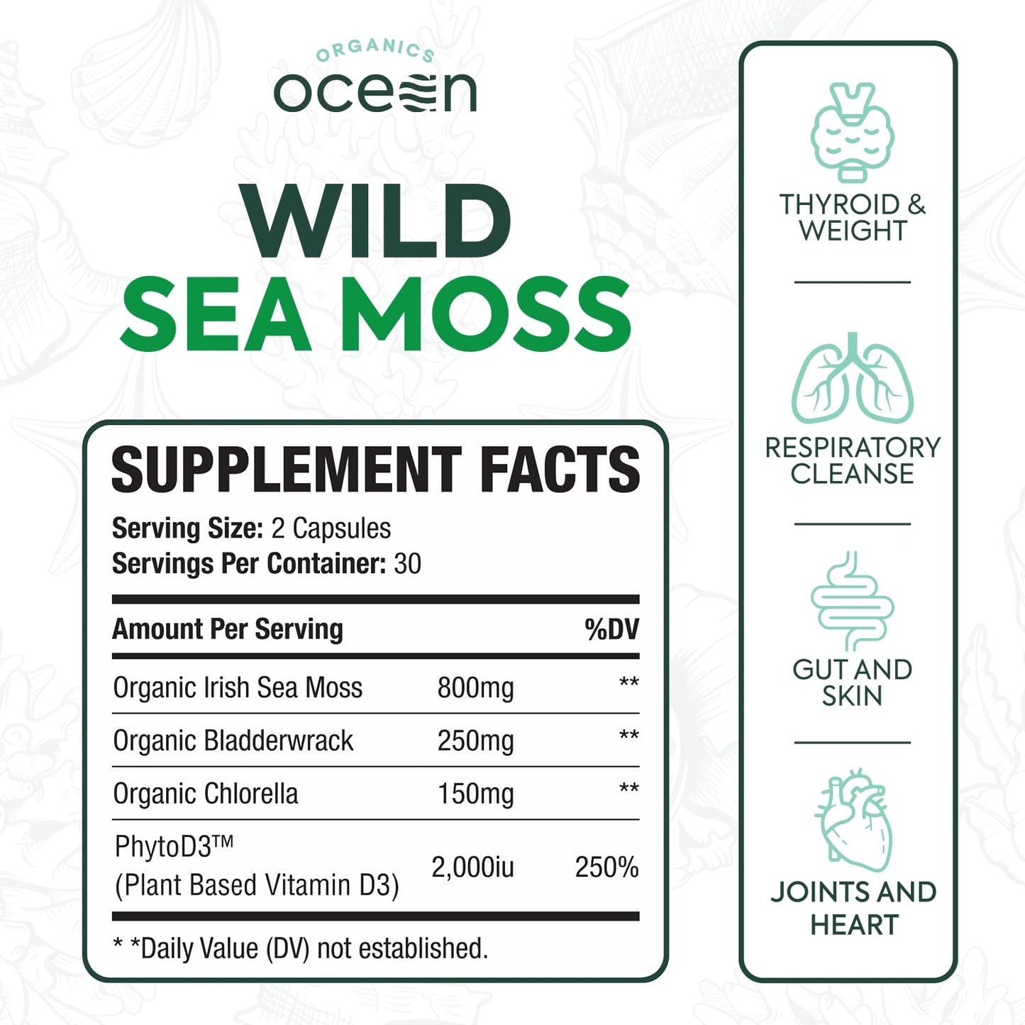 Organics Ocean Wild Sea Moss Capsules - 100% Organic Irish Sea Moss with Organic Chlorella, Bladderwrack and Vitamin D for Energy, Lung Health and Thyroid Support for Women and Men - 60 Capsules Organics OceanBuy Supplements Australia