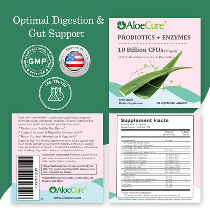 AloeCure Daily Probiotics 10 Billion CFU for Digestive Support 8 Strains, 6 Prebiotics & Enzymes - Digestive Supplement with Bromelain for Women & Men