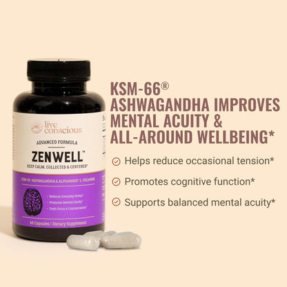 Live Conscious KSM-66 Ashwagandha Supplement w/L Theanine & AlphaWave - ZenWell Everyday Stress Relief, Cognitive, Brain Health