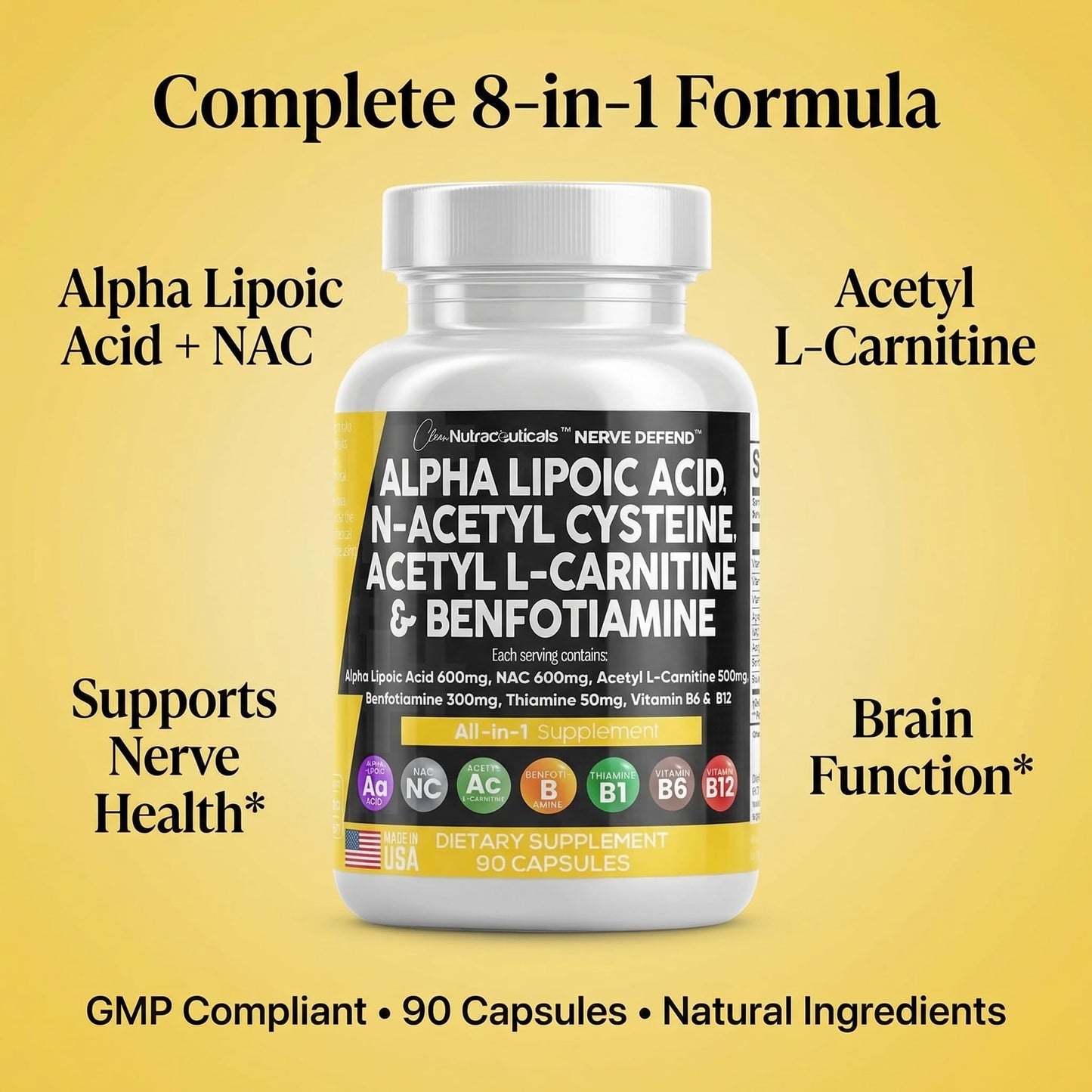 Alpha Lipoic Acid 600mg N-Acetyl Cysteine 600mg Acetyl L-Carnitine 500mg Benfotiamine 300mg - Nerve Support Supplement for Women and Men