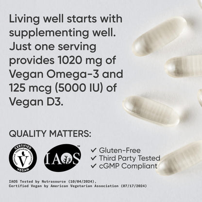 Sports Research Vegan Omega-3 with Vitamin D3 Softgels - 1020mg Omega-3 & 5000iu D3 Supplement - Fish Oil Alternative with Vitamin D Plant-Based Support from Algae Oil - 60 Veggie Softgels for Adults Sports Research buy supplements Au