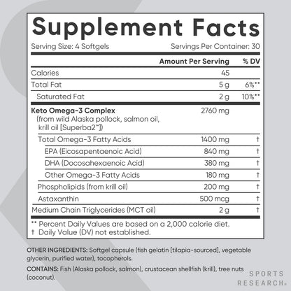 Sports Research Keto Omega Fish Oil with Wild Sockeye Salmon, Antarctic Krill Oil, Astaxanthin & Coconut MCT Oil - 1200mg of EPA & DHA per Serving | Keto Certified & Non-GMO Verified (120 Softgels) Sports Research buy supplements Au