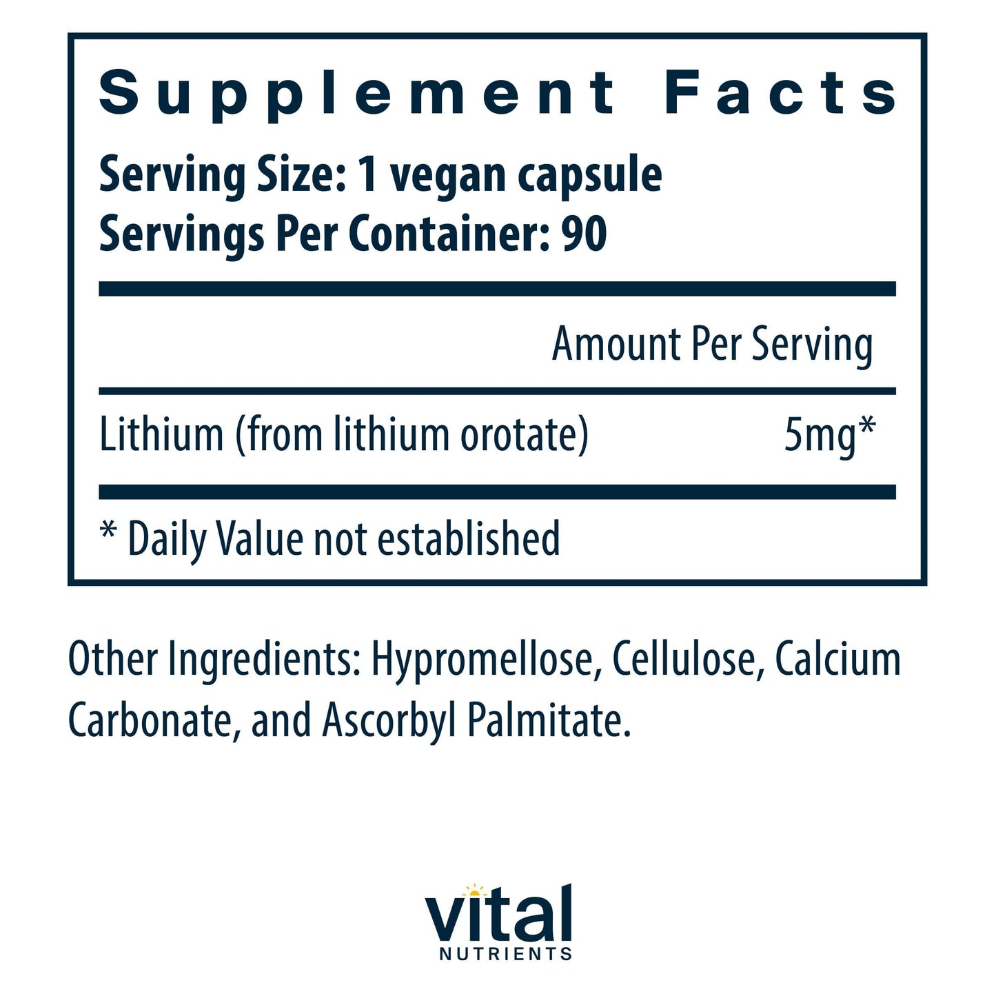 Vital Nutrients Lithium Orotate - Vegan Lithium Supplements for Memory, State of Mind, and Behavioral Health*- 5mg - Gluten, Dairy, Soy Free - 90 Capsules