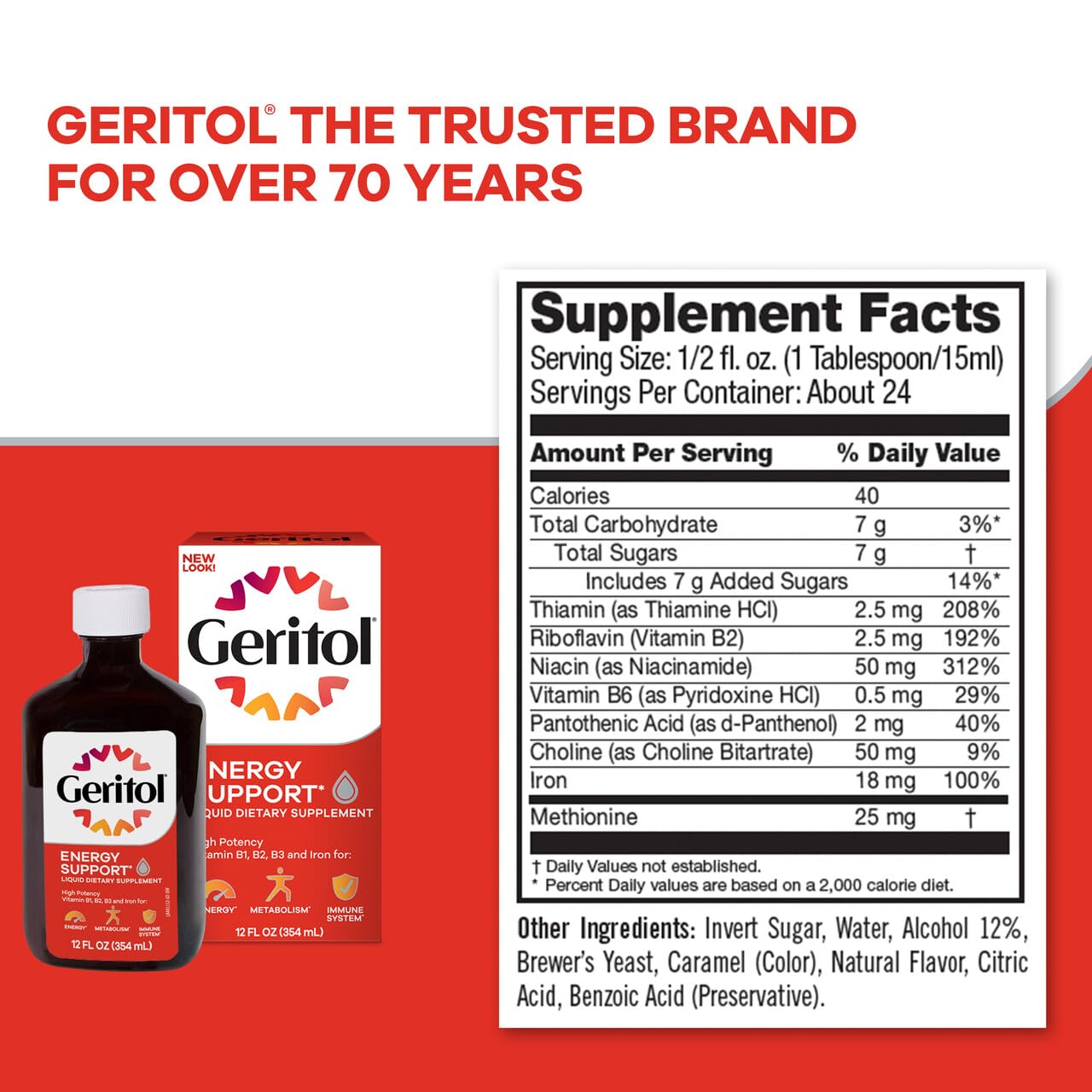 Geritol Liquid Vitamin and Iron Supplement, Energy Support, Contains High Potency B-Vitamins and Iron, Pleasant Tasting, Easy to Swallow