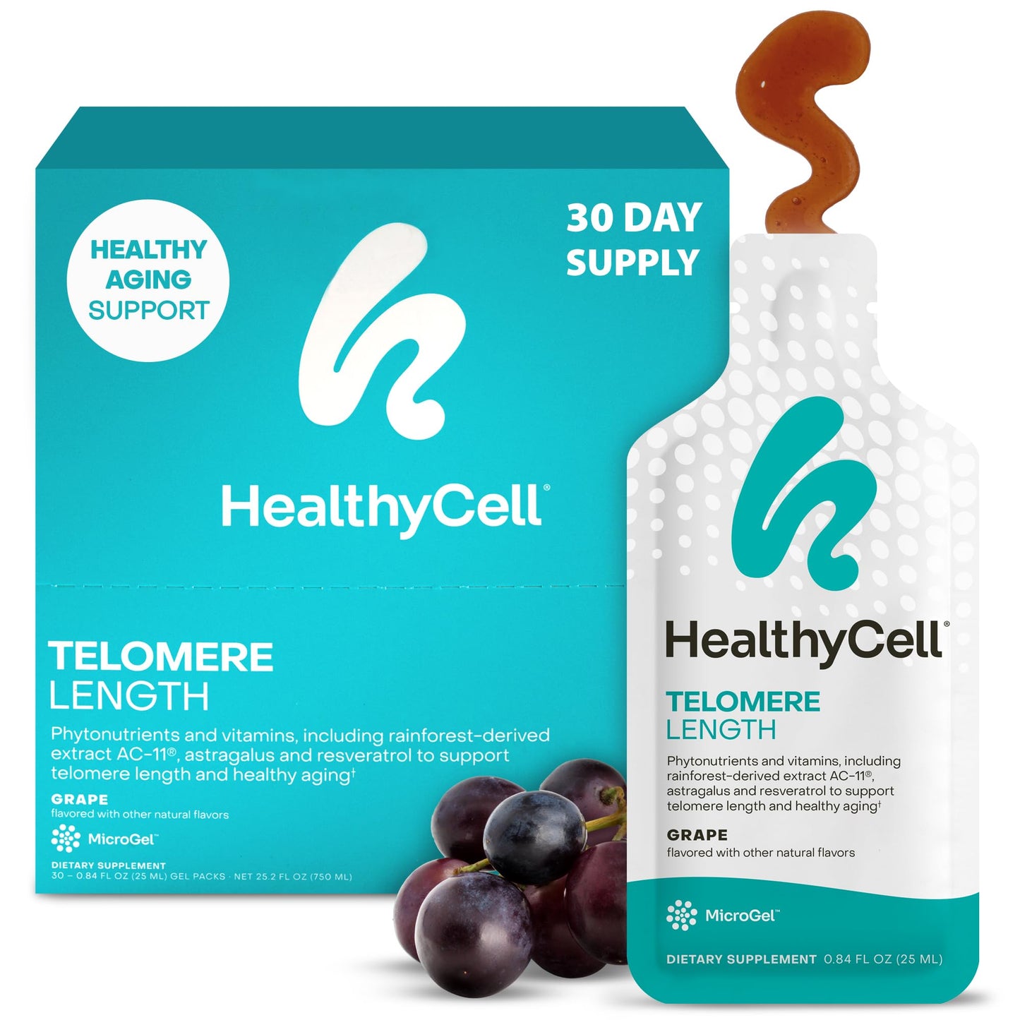 HealthyCell Telomere Length Supplement - Anti-Aging Telomere Lengthening Supplements with Phytonutrients & Vitamins for Cellular Health - AC-11, Astragalus & Resveratrol - 30 Gel Packs, Grape Flavored Healthycell buy supplements Au