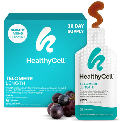 HealthyCell Telomere Length Supplement - Anti-Aging Telomere Lengthening Supplements with Phytonutrients & Vitamins for Cellular Health - AC-11, Astragalus & Resveratrol - 30 Gel Packs, Grape Flavored Healthycell buy supplements Au