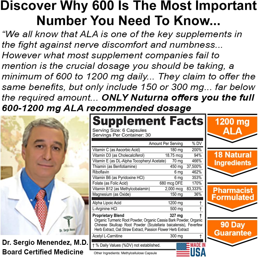 Neuroturna Support Supplement with 1200 mg Pure Alpha Lipoic Acid - Maximum Strength Formula with ALA + Vitamins + Minerals + Herbs - Best Natural Support - 180 Capsules NuturnaBuy Supplements Australia