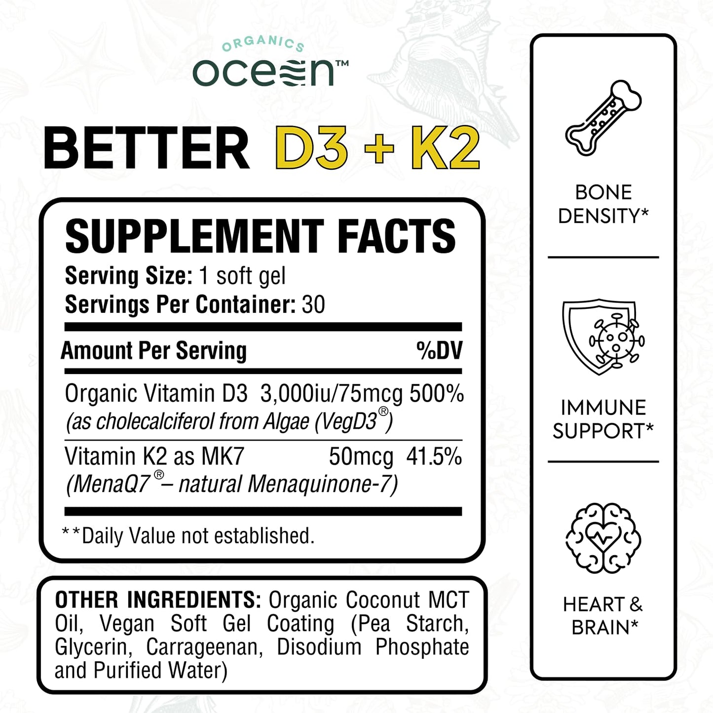 Organics Ocean Better D3 + K2-100% Organic VIT D3 and K2 Supplements with Maximum Bioavailability - Supports Bone Density, Calcium Balance, Immunity & Mood - 1-Pack, 30-Day Supply Organics Ocean buy supplements Au