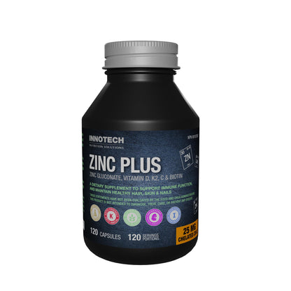 Supplement bottle labeled 'Zinc Plus' by Innotech on a white background