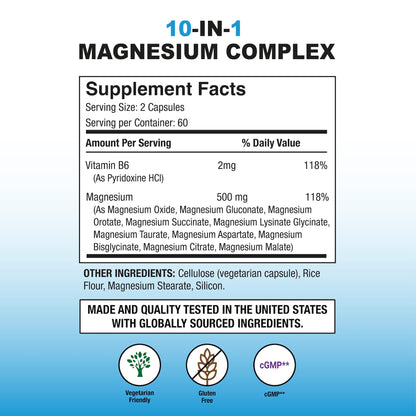 Puregen Labs 10 in 1 Magnesium Complex 500mg with B6-120 Veggie Capsules [High Absorption and Bioactivity] Non-GMO, NO Gluten and Dairy P Puregen Labs buy supplements Au