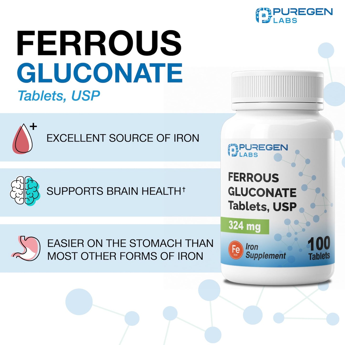 Puregen Labs Ferrous Gluconate 324 mg [High Potency] Iron Supplement, Gentle on Stomach - 100 Tablets