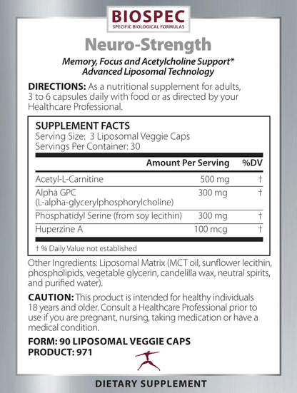 BIOSPEC NUTRITIONALS Neuro-Strength - Support Cognitive Performance* - Acetyl-L-Carnitine, Alpha-GPC, Phosphatidylserine, Huperzine BIOSPEC NUTRITIONALS buy supplements Au