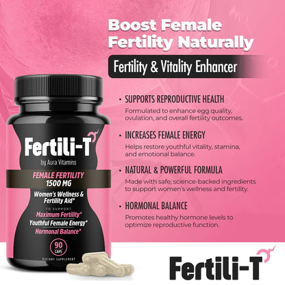 Fertili-t Female (90 Caps) Natural Fertility Support, Hormonal Balance & Prenatal Vitamins for Women, Conception Support, Natural Fertility Supplement with Aguaje & Red Maca (30-Day Supply) (1) AURA VITAMINS buy supplements Au