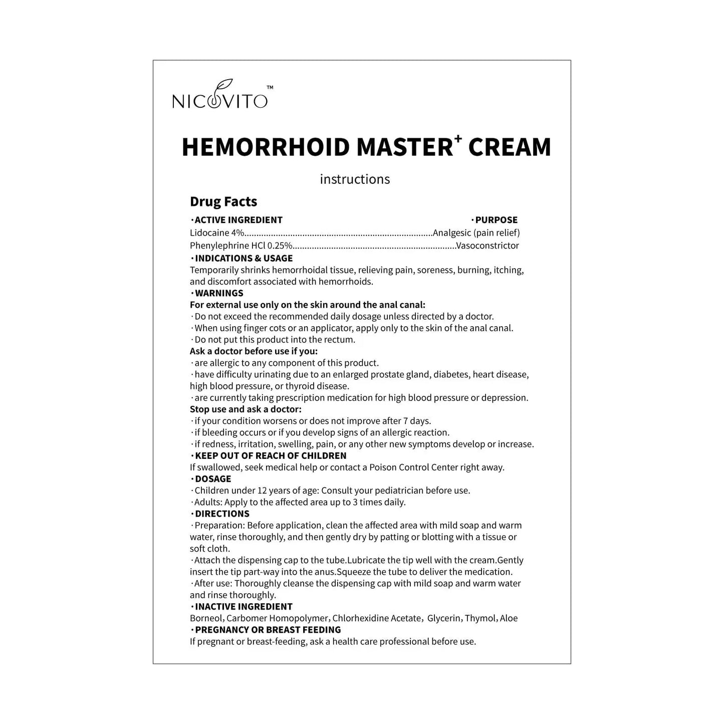 NICOVITO Hemorrhoid & Fissure Treatment Cream, 4% Lidocaine & Phenylephrine HCl Ointment, Maximum Strength Fast Relief for Pain, Itching & Swelling, External Use (0.7 oz) NICOVITOBuy Supplements Australia