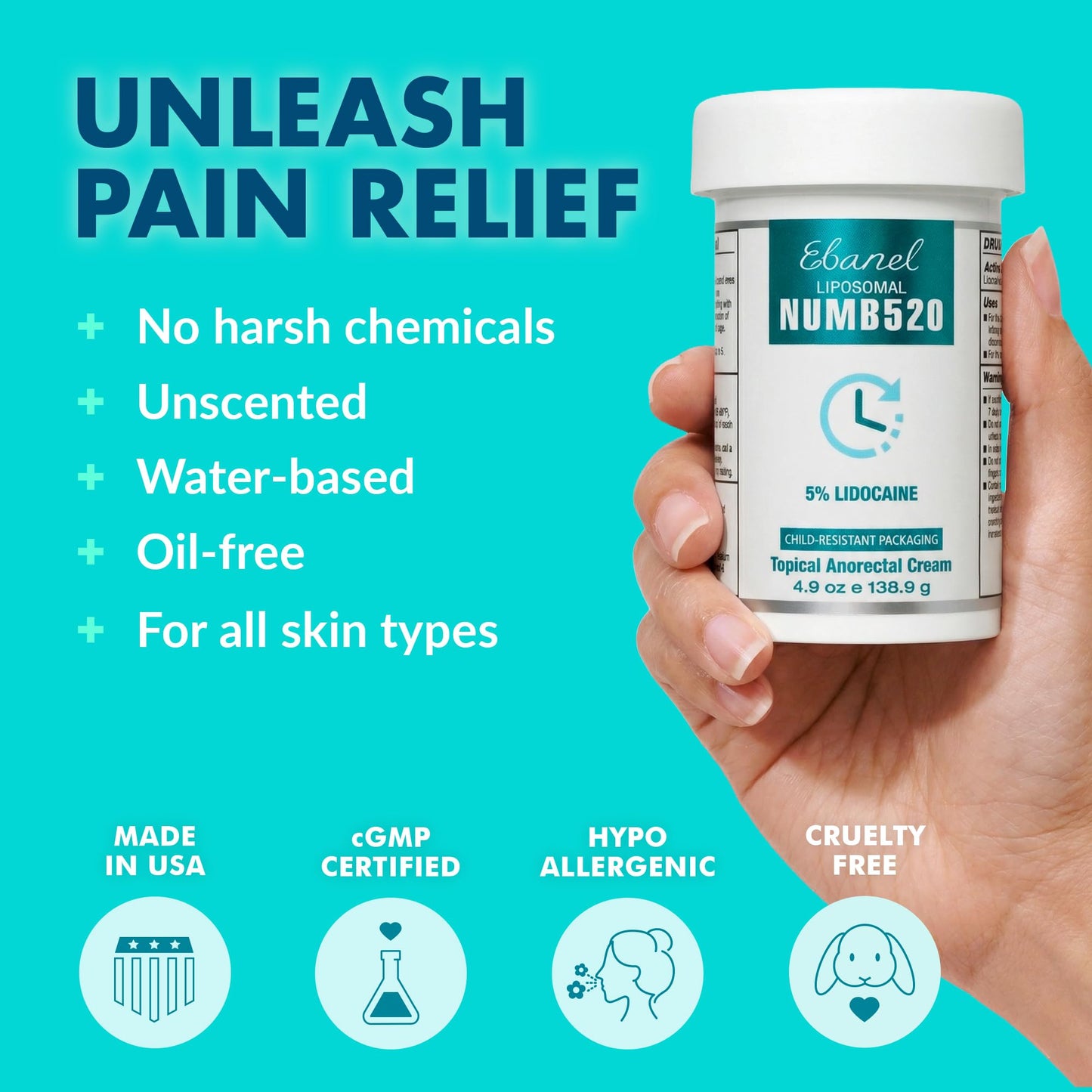 Ebanel 5% Lidocaine Numbing Cream, Pain Relief Burn Itch Cream, Maximum Strength Topical Anesthetic with Allantoin, Vitamin E for Local and Anorectal Uses, Hemorrhoid Treatment, 4.9 Oz