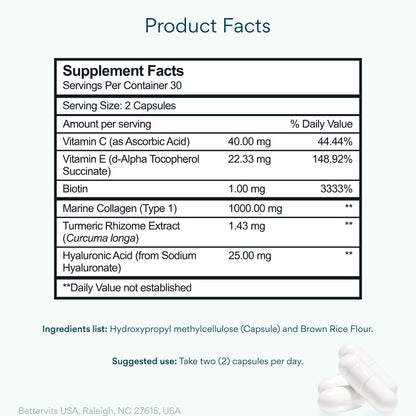 Bettervits Collagen Peptides Complex with Hyaluronic Acid & Turmeric | Hydrolyzed Marine Collagen Supplements for Women & Men | Collagen with Vitamin C