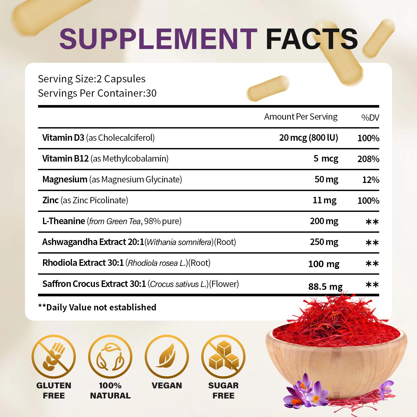 Theronika Aly Saffron Supplements – Blend with Ashwagandha, Safron, Rhodiola, Magnesium, L-Theanine, Zinc & B12, 88.5 mg Pure Saffron Extract Capsules Mood, Energy, Vision & Focus – 60 Vegan Capsules Theronika Aly buy supplements Au