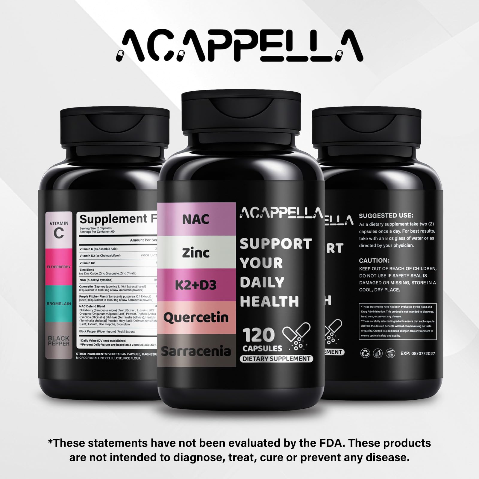 ACAPPELLA N-Acetyl Cysteine Vitamin D3 K2 Zinc Quercetin Sarracenia Purpurea NAC Supplement with Elderberry Holy Basil Bee Propolis Bromelain L-Lysin for Men & Women (1) ACAPPELLA buy supplements Au