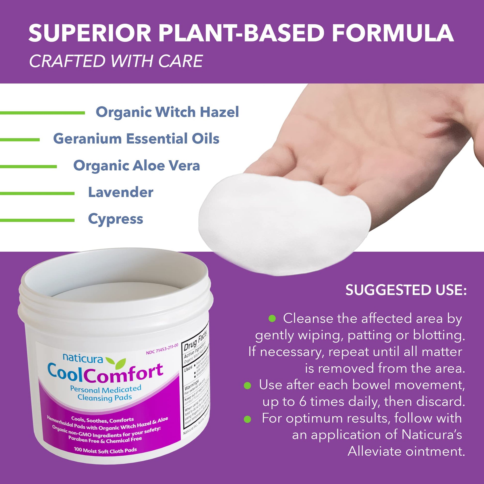 CoolComfort Personal Cleansing Pads with Organic Witch Hazel and Aloe Vera - All Natural and Fast Acting Wipes for Hemorrhoid Burning, Itching, Pain and Swelling - 100 Pads - No Parabens - Made in USA NaticuraBuy Supplements Australia