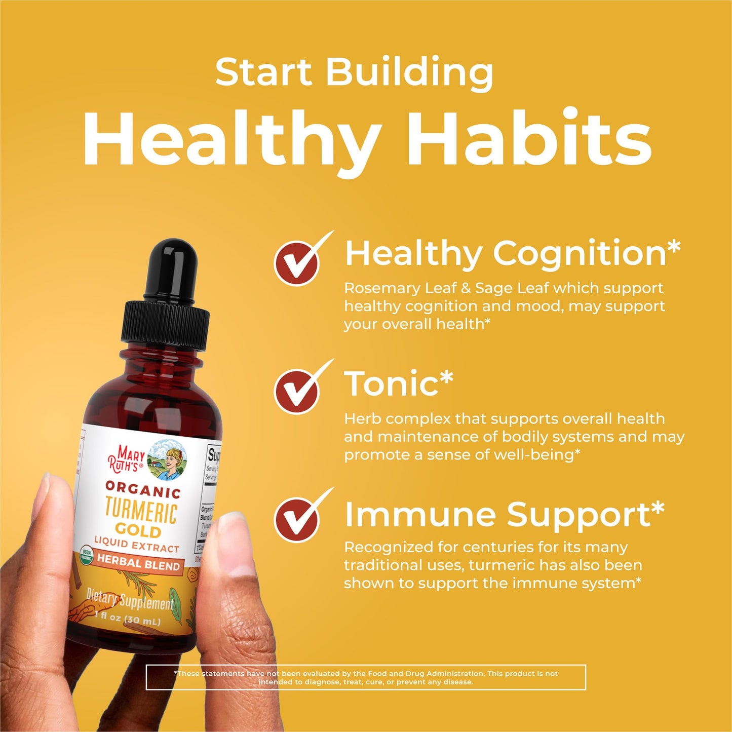 MARYRUTH'S Organics USDA Turmeric Gold Liquid Drops | Herbal Blend | Turmeric Curcumin | Black Pepper | Cassia Cinnamon Bark | Ginger Root | Immune Support