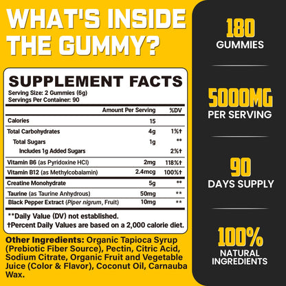 (180 Count) Creatine Monohydrate Gummies for Men & Women - Creatine Pre Workout Gummies for Muscle Builder, Muscle Strength, Recovery, Endurance, Energy,