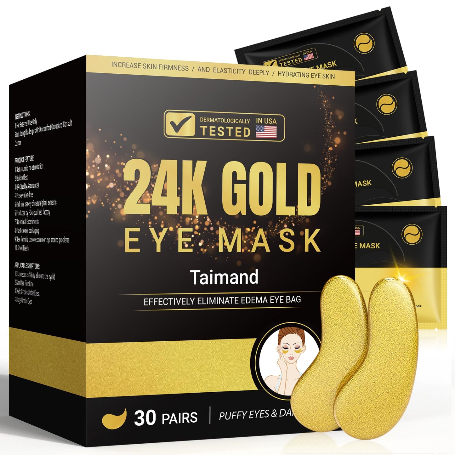 Taimand Under Eye Patches (30 Pairs), 24K Gold Under Eye Mask for Puffy Eyes, Dark Circles,Bags and Wrinkles with Collagen