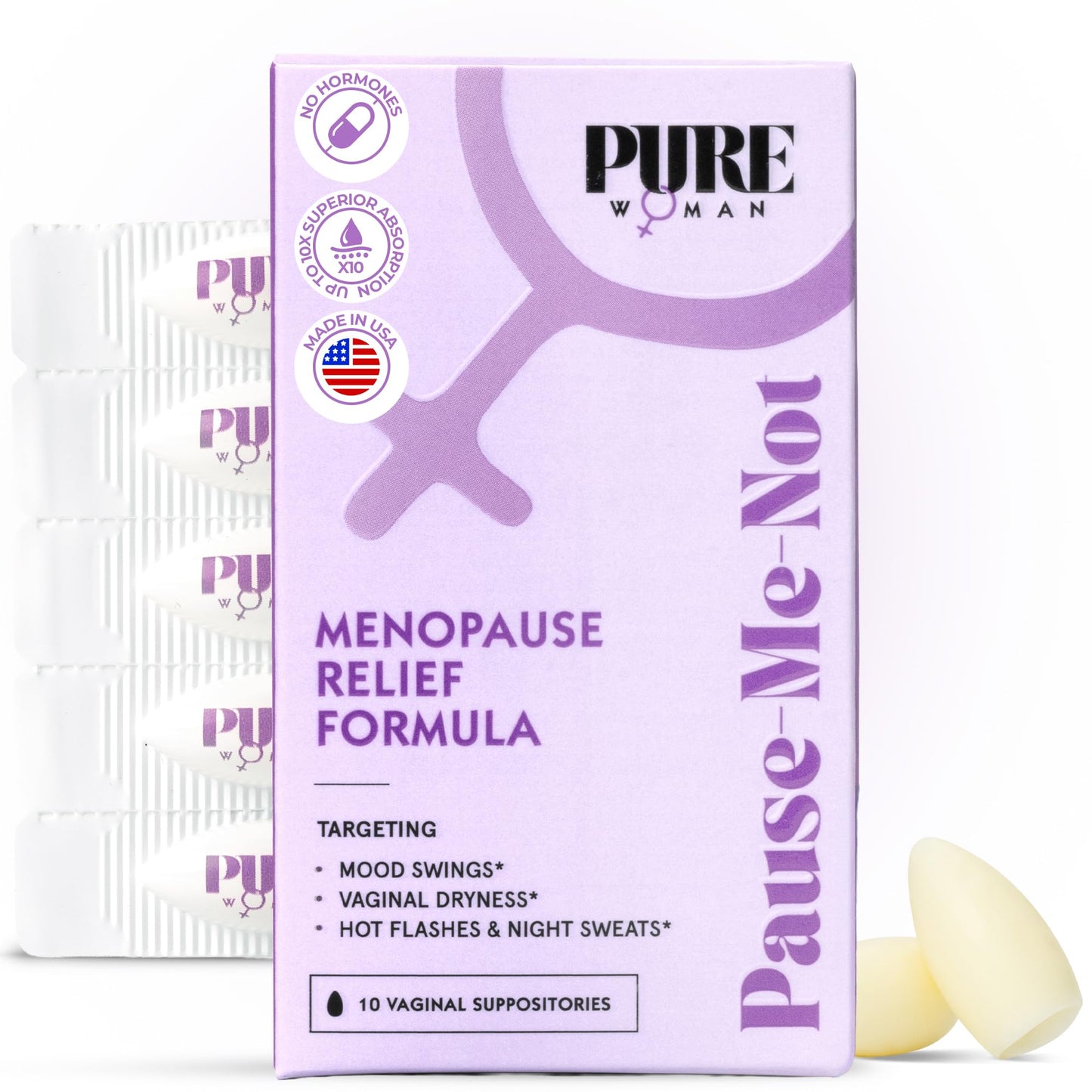 PURE WOMAN - Pause-Me-Not Suppositories - Menopausal Symptom Relief - Natural Ingredients - Relieves Hot Flashes & Vaginal Dryness - Promotes Stable Mood - Enhanced Vaginal Relief - 10 Pk PURE WOMAN buy supplements Au