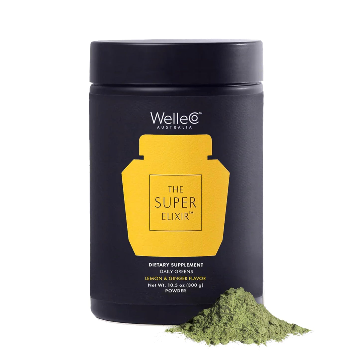 WelleCo The Super Elixir dietary supplement container with green powder on a white background