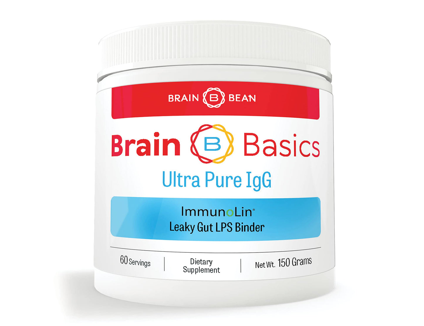 Supplement container labeled 'Brain Basics Ultra Pure IgG' on a white background