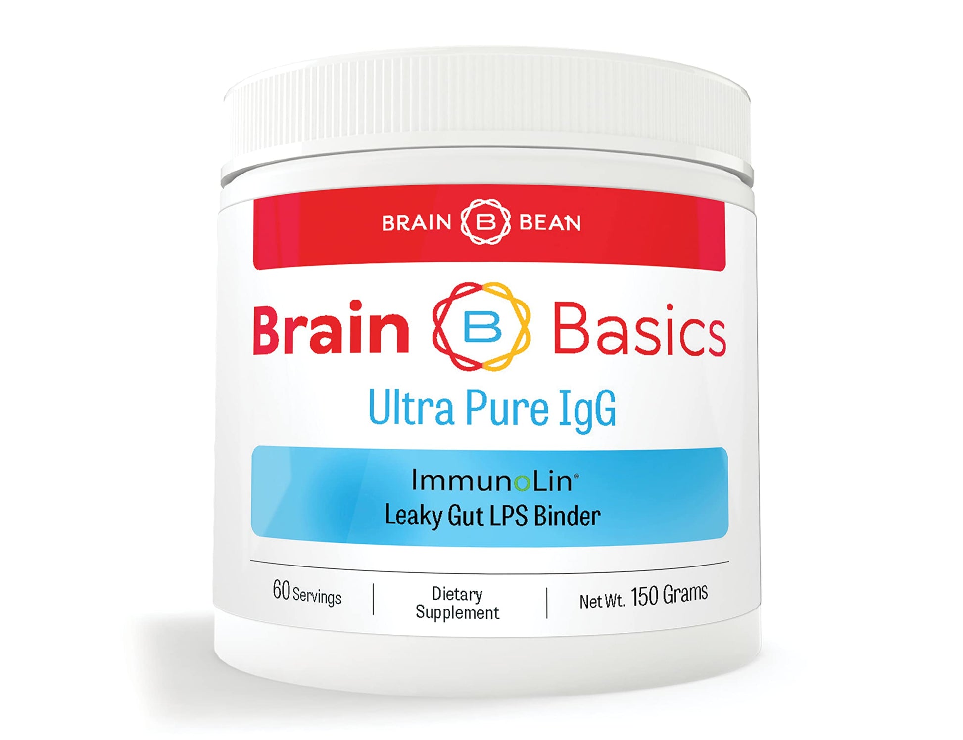 Supplement container labeled 'Brain Basics Ultra Pure IgG' on a white background