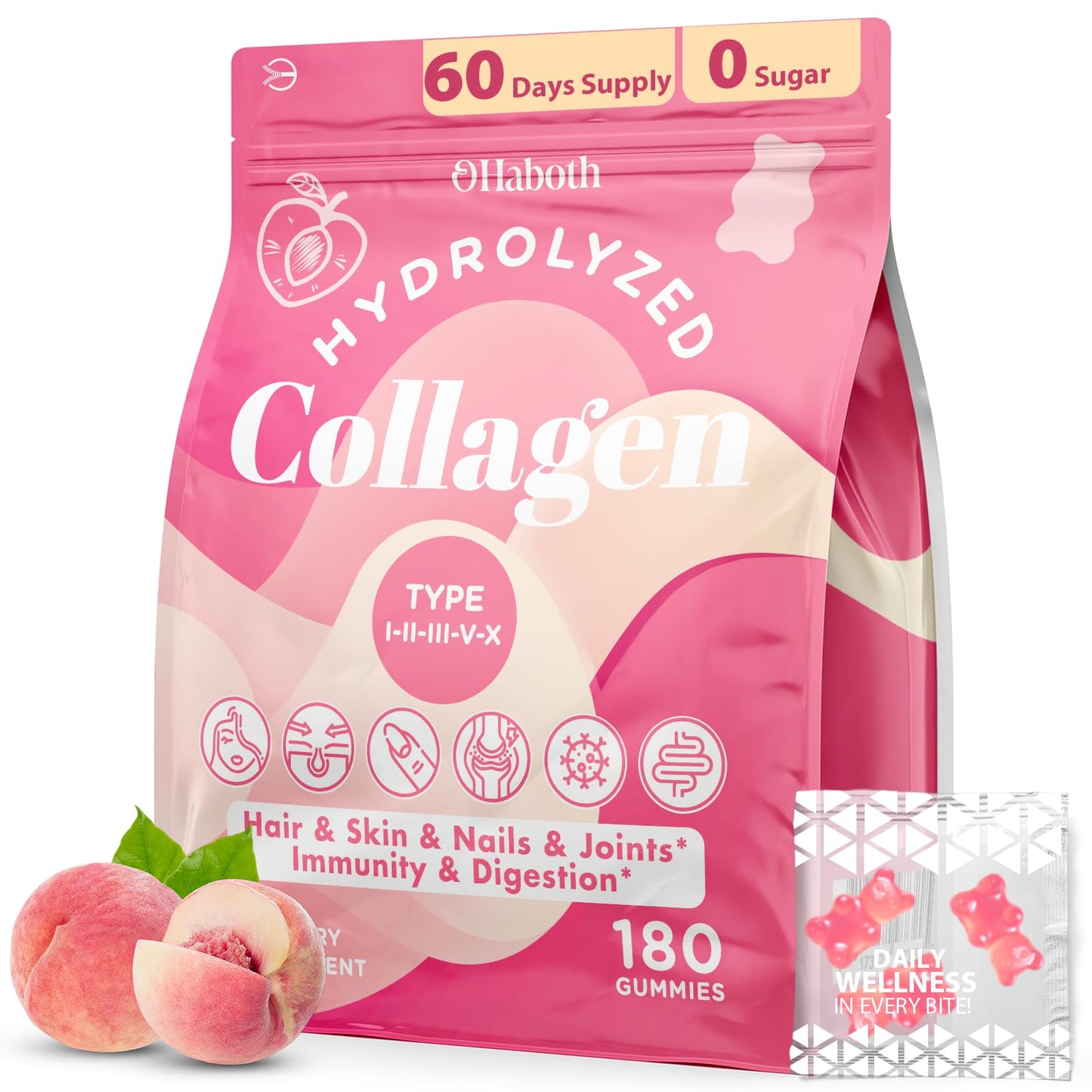 OHaboth Collagen Gummies for Women, Hydrolyzed Collagen Peptides Type I, II, III, V, X, 0 Sugar - Collagen Gummies for Skin, Wrinkles, Hair, Nails
