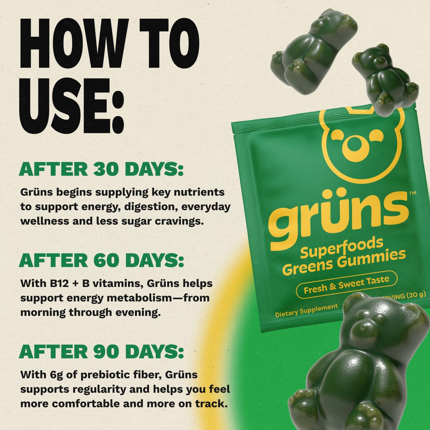 Gruns Sugar-Free Super Greens Gummies, Multivitamin Superfood Gummy Bears, Spirulina, Chlorella, Prebiotics & Fiber gummies for Digestive Health, Adaptogens Supplement, 20 Vitamins & Minerals, 10 pack Grüns buy supplements Au